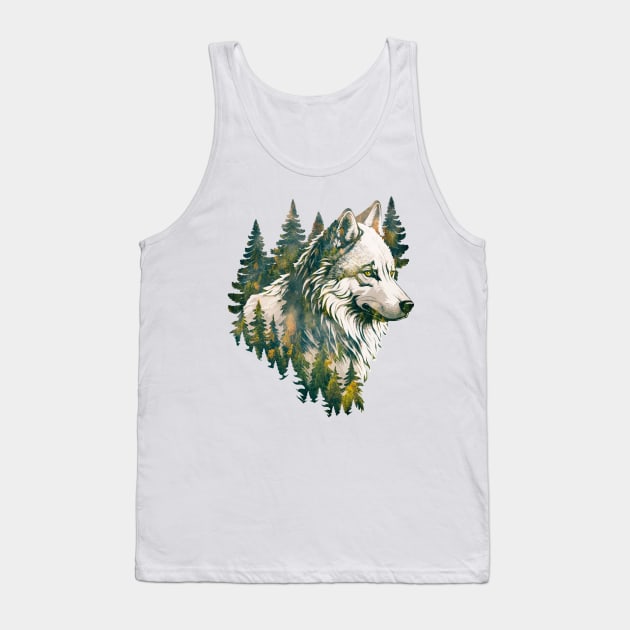 White Wolf and Pine Forest Tank Top by bobyberto